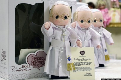 MANILA, PHILIPPINES - 2015/01/13: A limited edition of Pope Francis doll can be sold "Precious Moments Giftshop & Restaurant in Omena hi-way cor. Buendiya Avenue in Makati City as one of the memorabilia that reminds as the 4 days visits of pope Francis in Philippines from January 15-19, 2015. The Pope dolls are made of rubber (body), cotton (attire), stainless (cross necklace) with the certificate of authenticity from the artist, with The Coat of arms seal on the Pope Francis doll dress and a total height of 12 inches. (Photo by Gregorio B. Dantes Jr./Pacific Press/LightRocket via Getty Images)