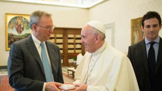 Pope Francis (R) exchange gift with Executive Chairman of Google Eric Schmidt during a private meeting at the Vatican, January 15, 2016. REUTERS/Osservatore Romano/Handout via Reuters ATTENTION EDITORS - THIS IMAGE WAS PROVIDED BY A THIRD PARTY. REUTERS IS UNABLE TO INDEPENDENTLY VERIFY THE AUTHENTICITY, CONTENT, LOCATION OR DATE OF THIS IMAGE. IT IS DISTRIBUTED EXACTLY AS RECEIVED BY REUTERS, AS A SERVICE TO CLIENTS. FOR EDITORIAL USE ONLY. NOT FOR SALE FOR MARKETING OR ADVERTISING CAMPAIGNS. NO RESALES. NO ARCHIVE.