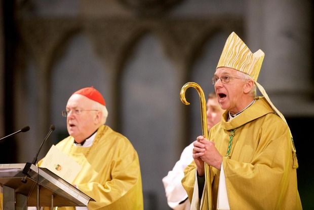 20151212 - MECHELEN, BELGIUM: Cardinal Godfried Danneels and Appointed Archbishop Jozef De Kesel pictured during the official appointment ceremony mass for Archbishop Jozef De Kesel, Saturday 12 December 2015, in Mechelen. He is the successor of Andre Leonard. BELGA PHOTO NICOLAS MAETERLINCK