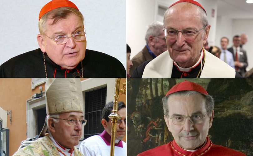 (van links naar rechts) kard. Raymond Burke, kard. Joachim Meisner, kard. Walter Brandmüller en kard. Carlo Caffarra